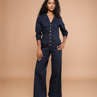Midnight Denim Long-Sleeve Jumpsuit