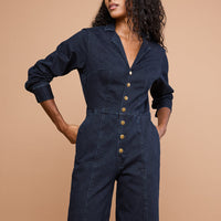 Midnight Denim Long-Sleeve Jumpsuit
