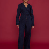 Midnight Denim Long-Sleeve Jumpsuit
