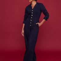 Midnight Denim Long-Sleeve Jumpsuit