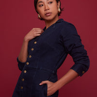 Midnight Denim Long-Sleeve Jumpsuit
