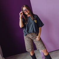 Loose Fit Leopard Jorts - Grey Morn