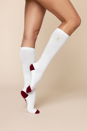 Knee High Socks - White/Crimson
